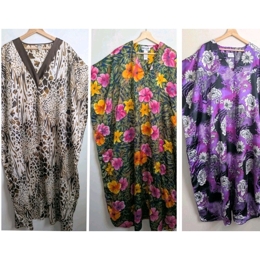 Lot Of 3 Liquid Silky Satin Muumuu Caftan Dress Animal Print Tropical Resort